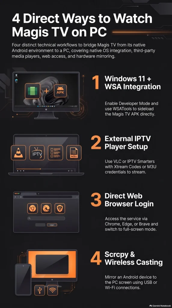 Direct methods to watch Magis TV
 infograph