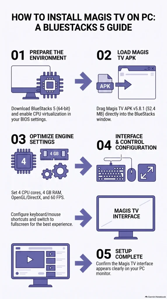 Magis TV APK on PC Using BlueStacks 5 tuotorial infograph